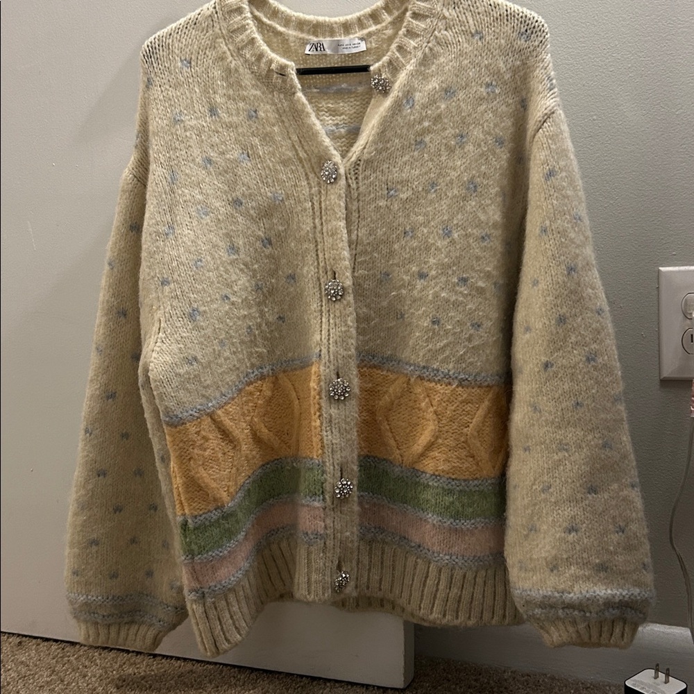 Zara Cream Cardigan with Pastel Yellow, Green and Pink Stripes - Picture 4 of 4
